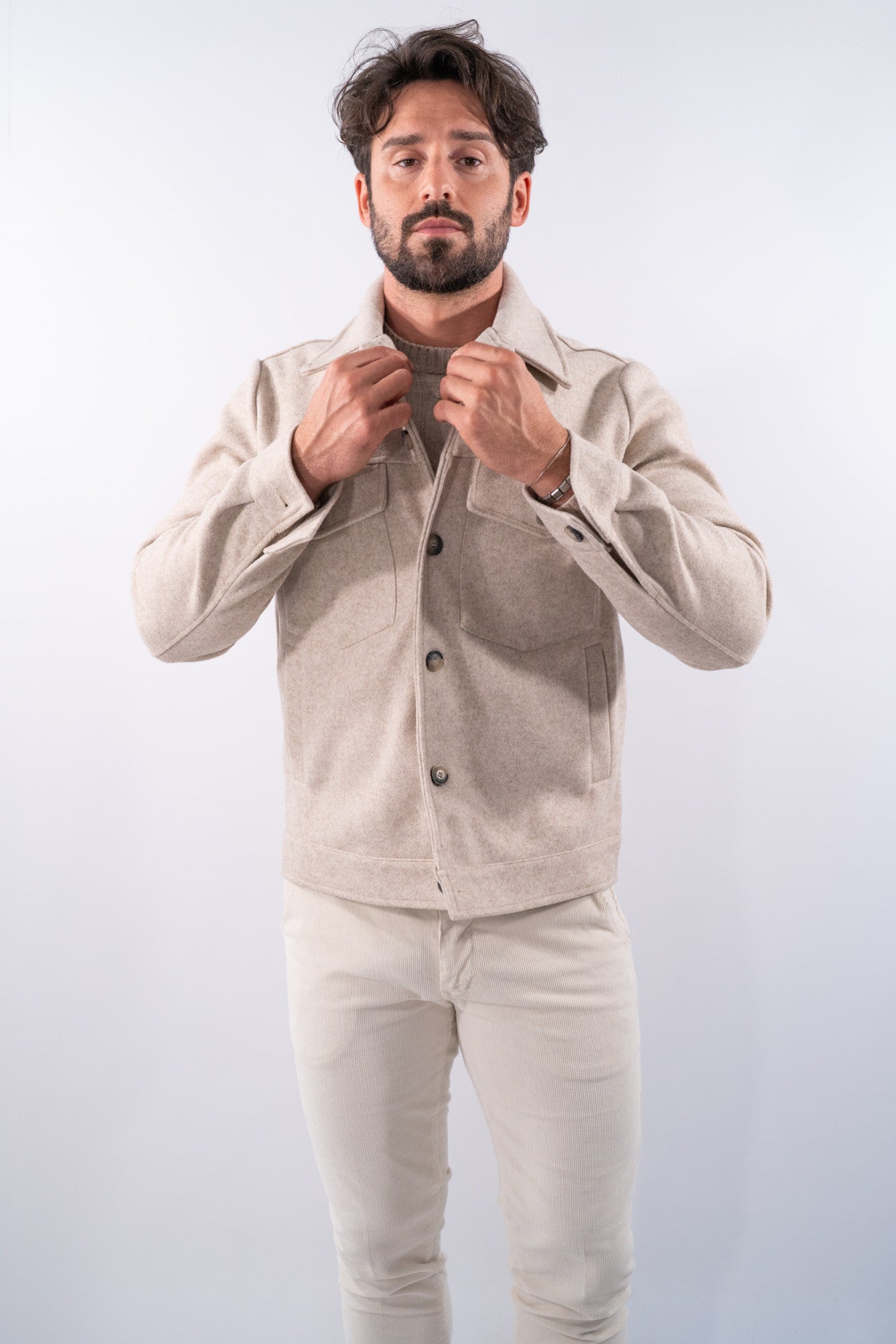 Giacca biker in panno con maxi tasche e bottoni