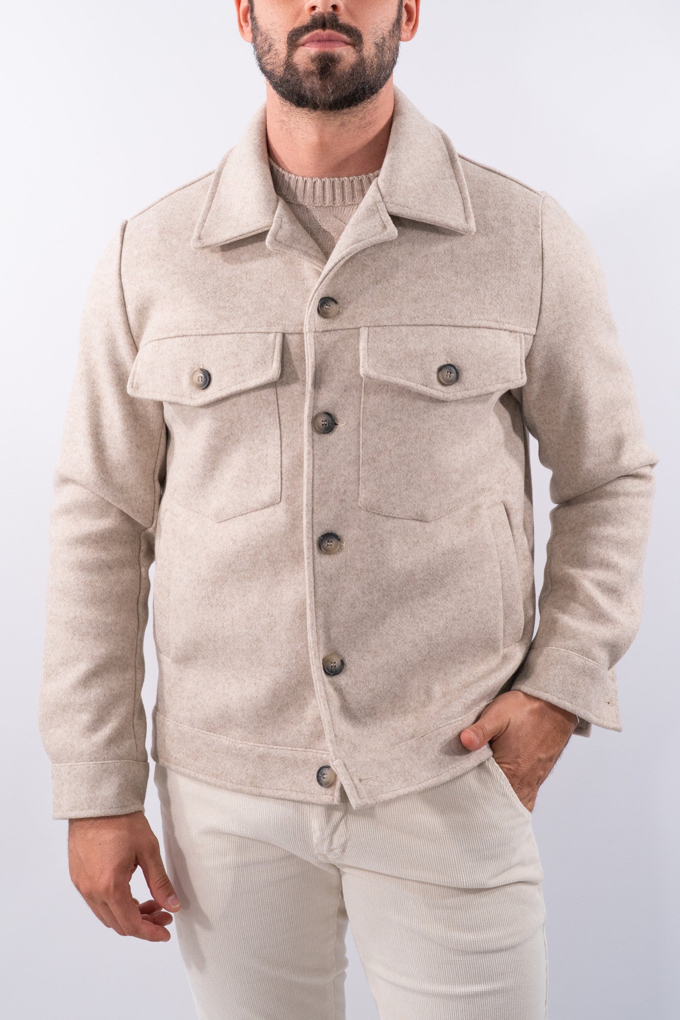 Giacca biker in panno con maxi tasche e bottoni